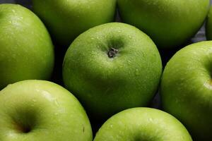 Apple fruit, closeup of green apple fruits with drops water photo