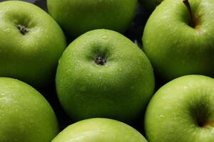 Apple fruit, closeup of green apple fruits with drops water photo