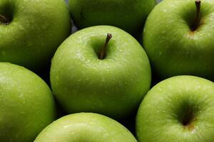Apple fruit, closeup of green apple fruits with drops water photo