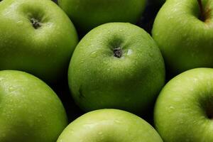 Apple fruit, closeup of green apple fruits with drops water photo
