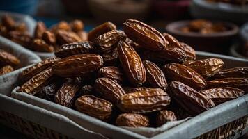 A close-up shot of a basket full of dates, showcasing their rich brown color and natural texture. photo