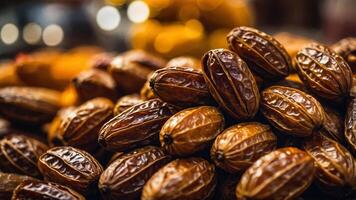 A close-up view of a pile of dates, revealing their rich, brown color and intricate texture. The dates are a sweet and nutritious snack, enjoyed around the world. photo