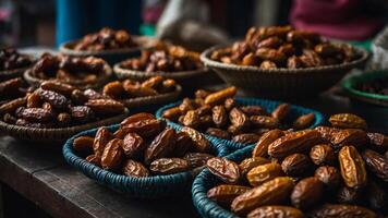 A close up shot of dates in baskets at a market stall. photo