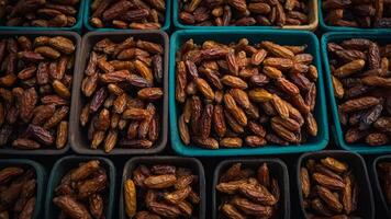 A close-up shot of dates arranged in baskets. The dates are a rich brown color and are arranged in a neat pattern. They look delicious and inviting. photo