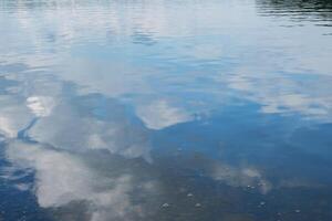 Reflection of sky and clouds on calm water surface creating serene effect. photo