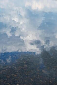 Reflection of sky and clouds on calm water surface creating serene effect. photo