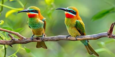 Vibrant bee-eaters on a branch against a blurred background photo