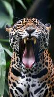 Yawning jaguar showing large teeth in dense forest photo