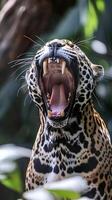 Fierce jaguar yawning and revealing sharp fangs photo