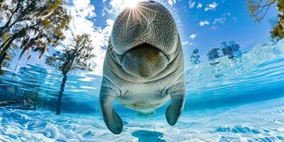 Underwater manatee with sun rays photo