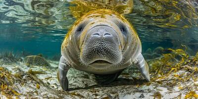 Manatee underwater close-up with seaweed photo