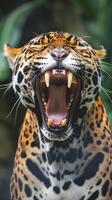 Roaring jaguar with open mouth and sharp teeth in the jungle photo