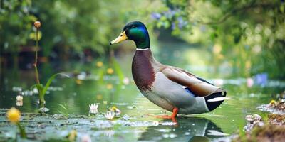 Mallard duck splashing in water surrounded by green foliage photo