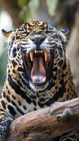 Close-up of yawning jaguar with sharp teeth and spotted fur photo