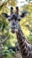 Close-up of giraffe in zoo with blurred background photo