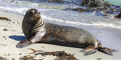 Relaxed seal resting on sandy beach by ocean waves photo