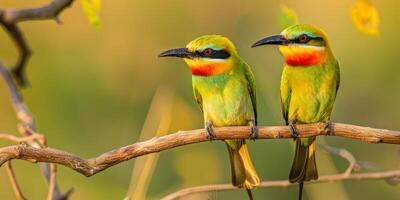 Colorful bee-eaters perched on a bare branch in nature photo