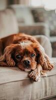 Cavalier king charles spaniel resting on sofa photo