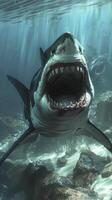 Terrifying great white shark attack underwater, open jaws photo