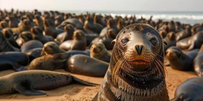 Group of seals lounging on beach during sunny day photo