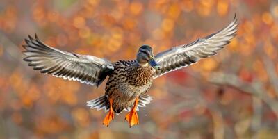 Flying mallard duck with wings spread against autumn background photo