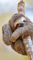 Cute sloth hanging on tree branch in the wild photo