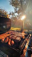 Sunset backyard barbecue with a variety of grilled meats photo