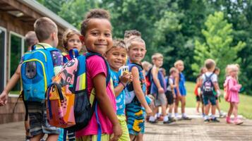 Happy children lined up with backpacks on the first day of school, outdoor classroom setting photo