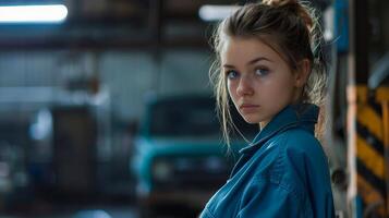 Young woman in blue overalls standing in a workshop, looking at camera with a serious expression photo