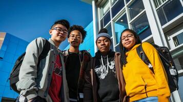 Diverse group of college students standing together outdoors on campus, bright sunny day, modern university building in the background photo
