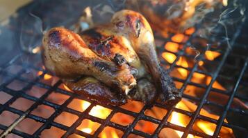 Grilled chicken on a barbecue with flames and smoke, close-up view photo