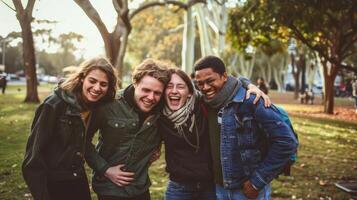 Group of Diverse Friends Laughing and Enjoying Time Together in a Park on a Sunny Day photo