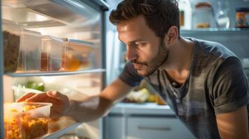 Man searching for food in refrigerator, selecting container with leftovers photo