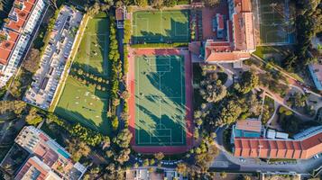 Aerial view of a modern sports complex with multiple football fields photo