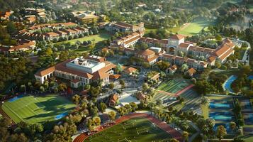 Aerial View of an Expansive University Campus with Sports Fields and Academic Buildings photo