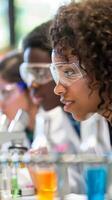 Focused Young Scientists Conducting Experiments in Laboratory with Protective Eyewear and Colorful Chemicals photo