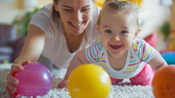 Smiling baby playing with colorful balls on the floor, happy infant and mother enjoying quality playtime, family bonding and early childhood development photo