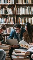 Students studying together in a library with books and a laptop, focused and collaborative learning environment photo