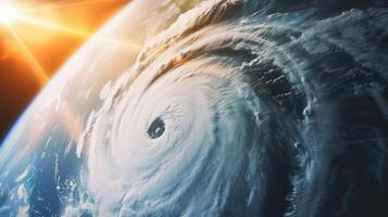 Aerial View of a Powerful Hurricane from Space with Sunlight Shining in the Background photo
