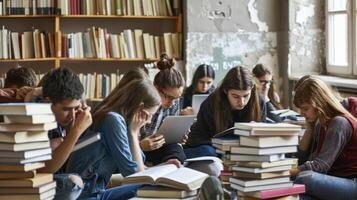 Students studying in a crowded library with stacks of books, focused and engrossed in their work photo
