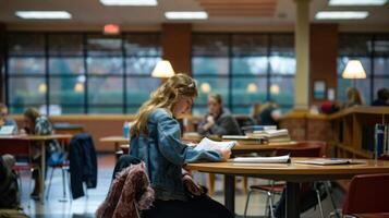 Students studying in a modern library with natural light and comfortable seating photo