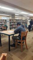 Student studying diligently in a quiet library setting photo