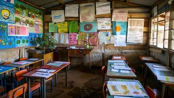 Vibrant rural classroom with educational posters and empty desks photo