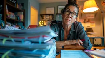 Stressed woman working late in a home office with stacks of paperwork photo