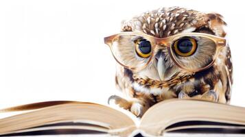 Wise owl wearing glasses reading an open book isolated on white photo
