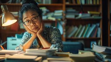 Thoughtful elderly woman working at a desk filled with books and papers photo