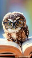 Wise owl with glasses perched on an open book in a library photo