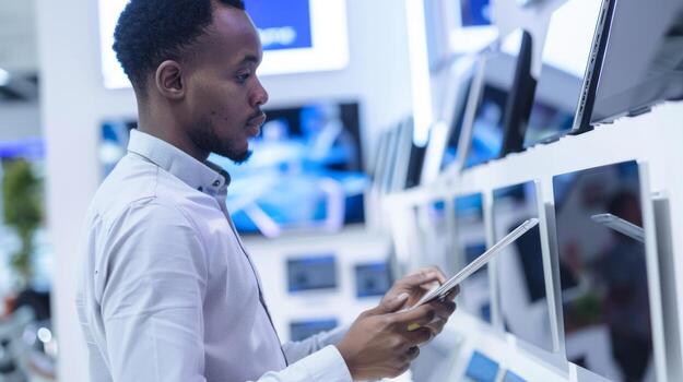 Man Shopping for Tablets in Electronics Store Displaying Various Devices photo