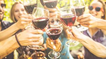 Group of friends toasting with red wine outdoors in a celebratory mood photo