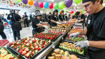 Catering event with chefs preparing a variety of fresh appetizers and snacks photo